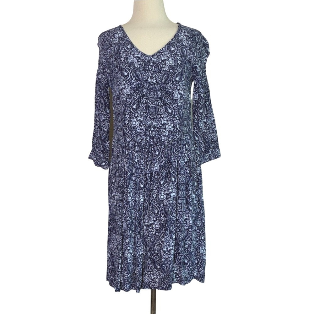 GARNET HILL Women Size 4 Lined Navy White Paisley Pocket Vneck Long Sleeve Dress